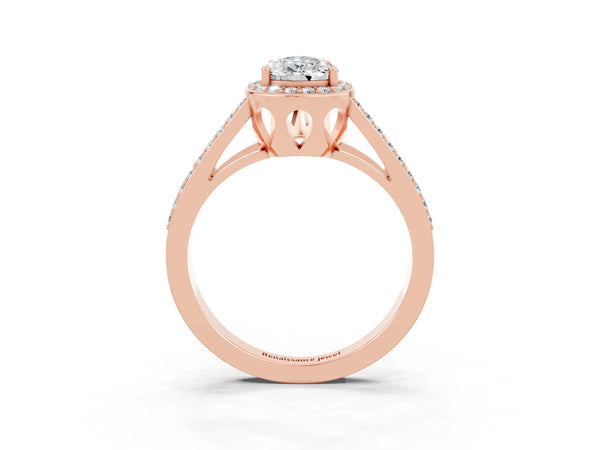 Rose gold Pear Cut Moissanite Halo Ring with Split Shank U-Prong Band and Four-Prong Setting