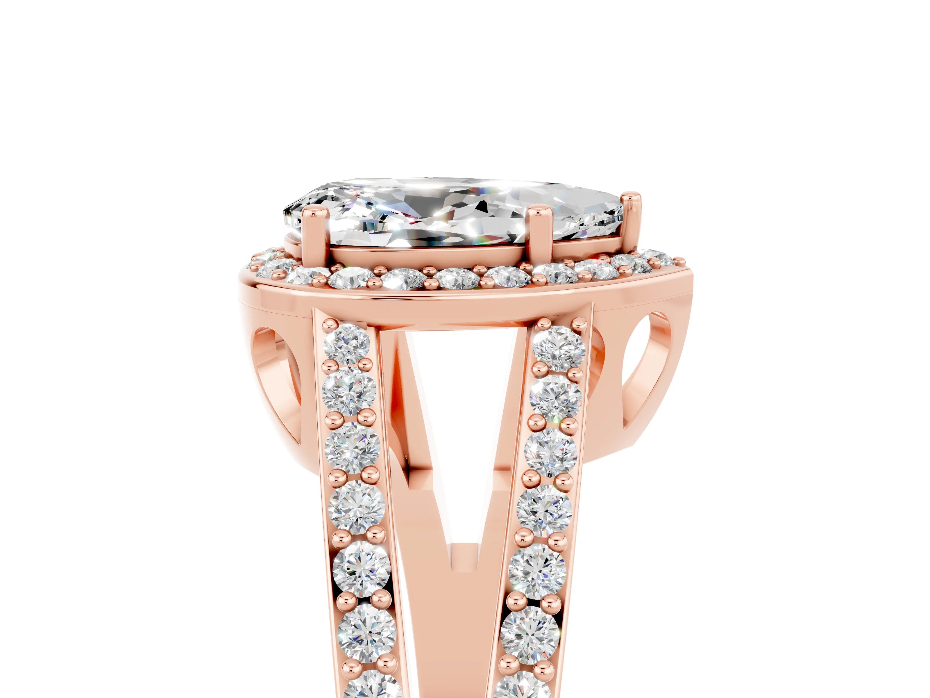 Rose gold Pear Cut Moissanite Halo Ring with Split Shank U-Prong Band and Four-Prong Setting_5