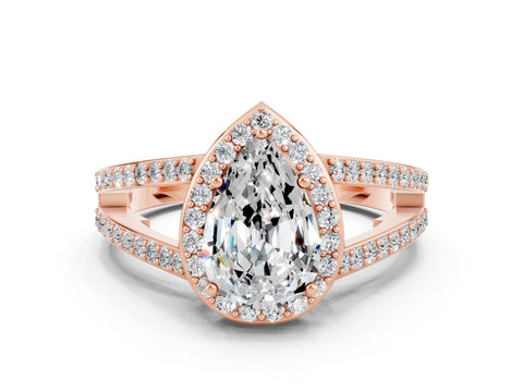 Rose gold Pear Cut Moissanite Halo Ring with Split Shank U-Prong Band and Four-Prong Setting
