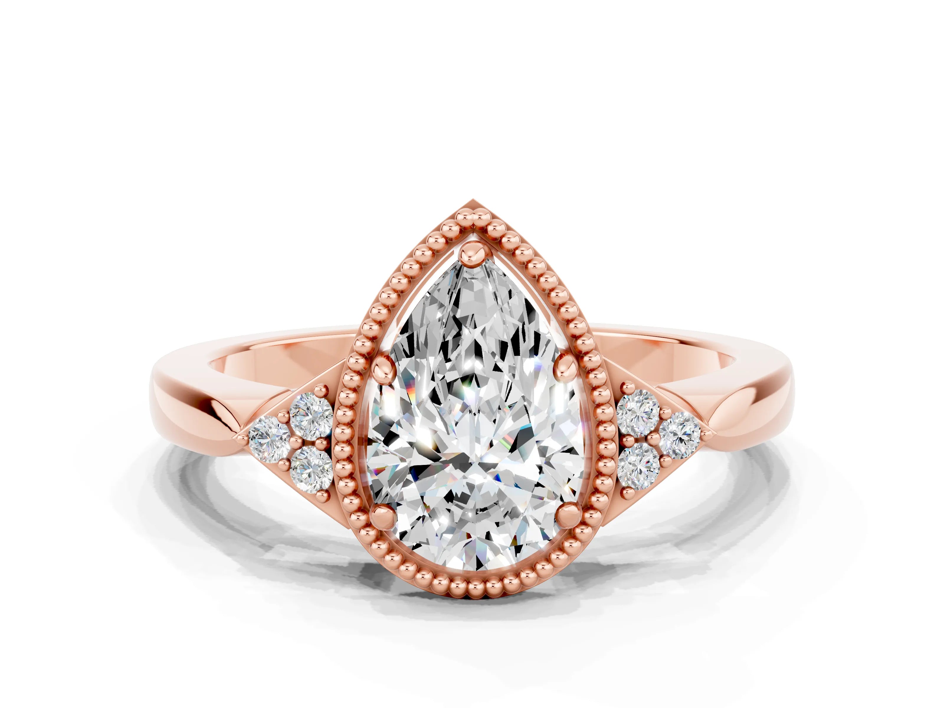 Rose gold Pear Cut Moissanite Halo Ring with Tapered Band and Four-Prong Setting
