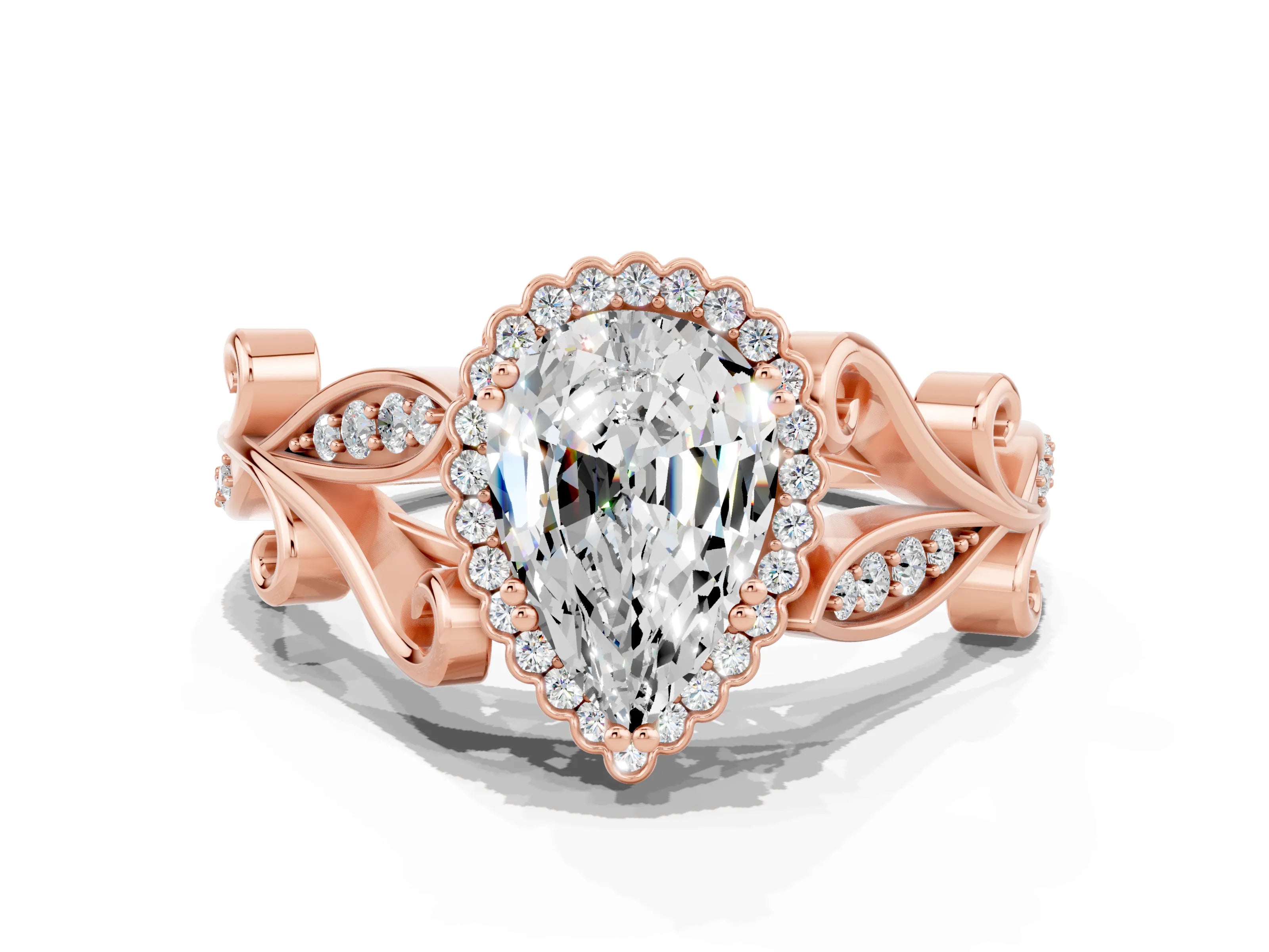 Rose gold Pear Cut Moissanite Halo Ring with Vintage Split Shank and Four-Prong Setting