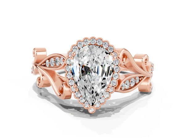 Rose gold Pear Cut Moissanite Halo Ring with Vintage Split Shank and Four-Prong Setting