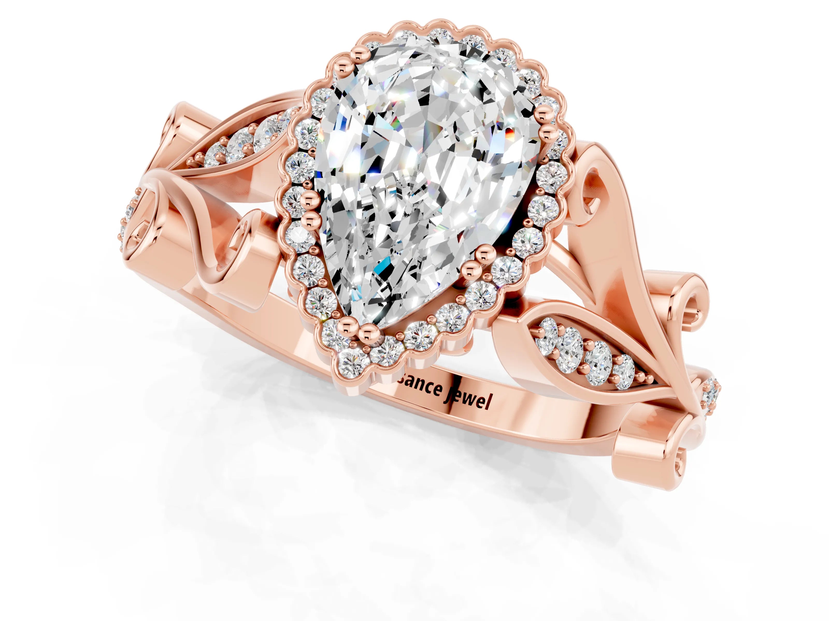 Rose gold Pear Cut Moissanite Halo Ring with Vintage Split Shank and Four-Prong Setting_1