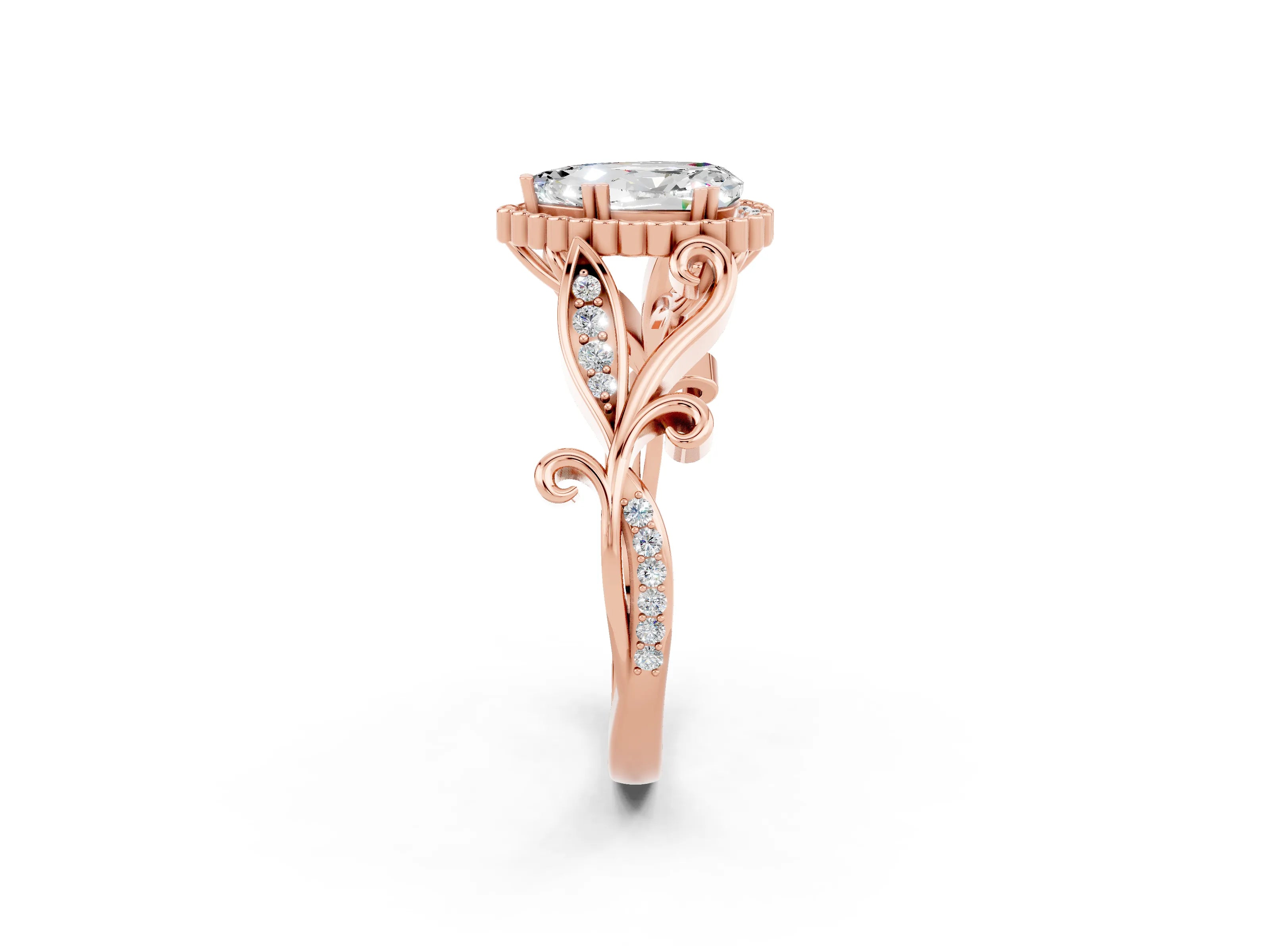Rose gold Pear Cut Moissanite Halo Ring with Vintage Split Shank and Four-Prong Setting_2