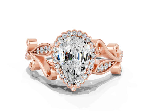Rose gold Pear Cut Moissanite Halo Ring with Vintage Split Shank and Four-Prong Setting