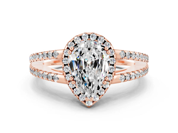 Rose gold Pear Cut Moissanite Halo Split Shank Engagement Ring