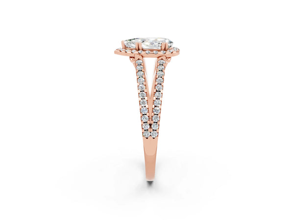 Rose gold Pear Cut Moissanite Halo Split Shank Engagement Ring