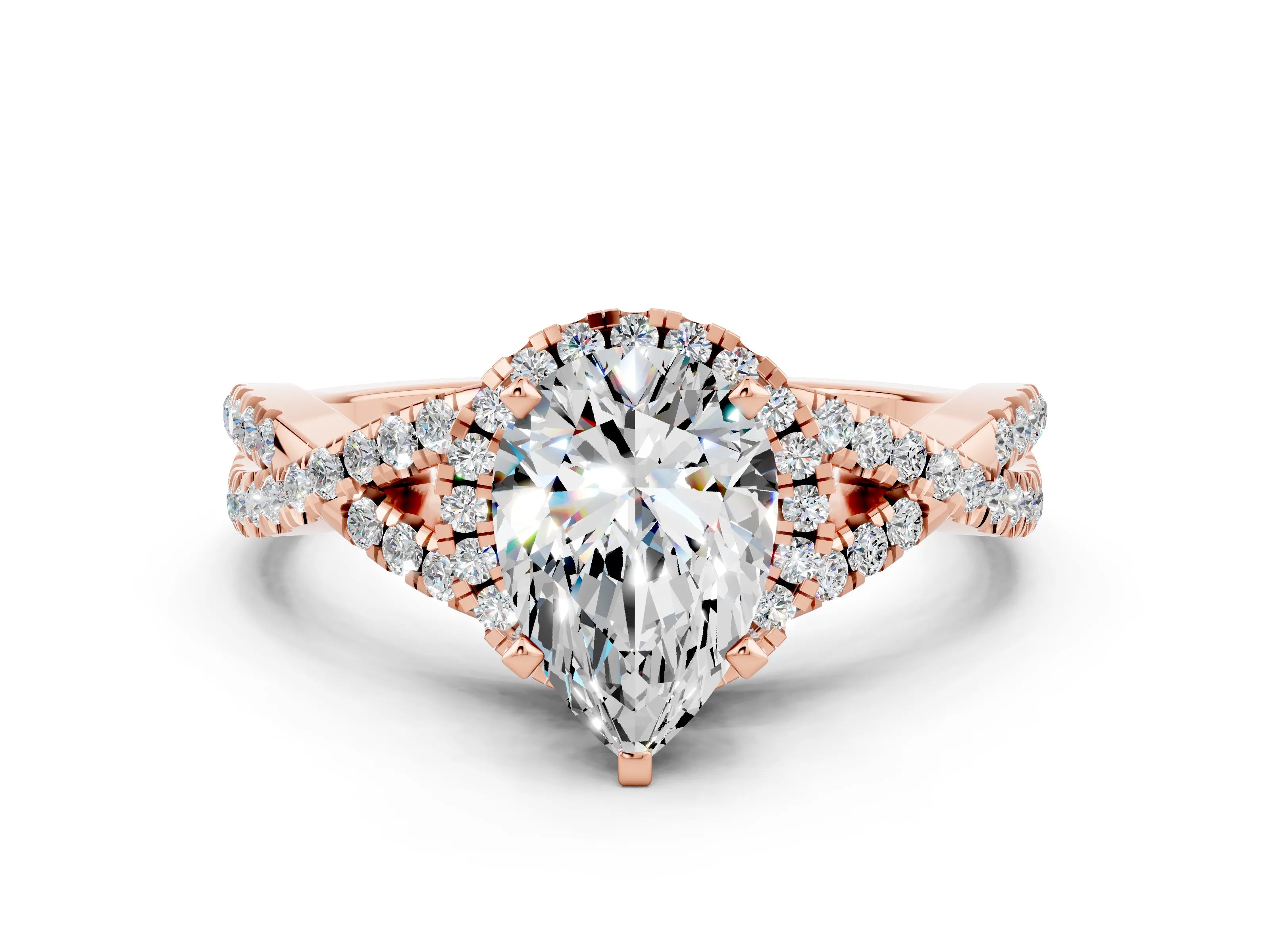 Rose gold Pear Cut Moissanite Halo Twist Band Solitaire Prong Setting Ring