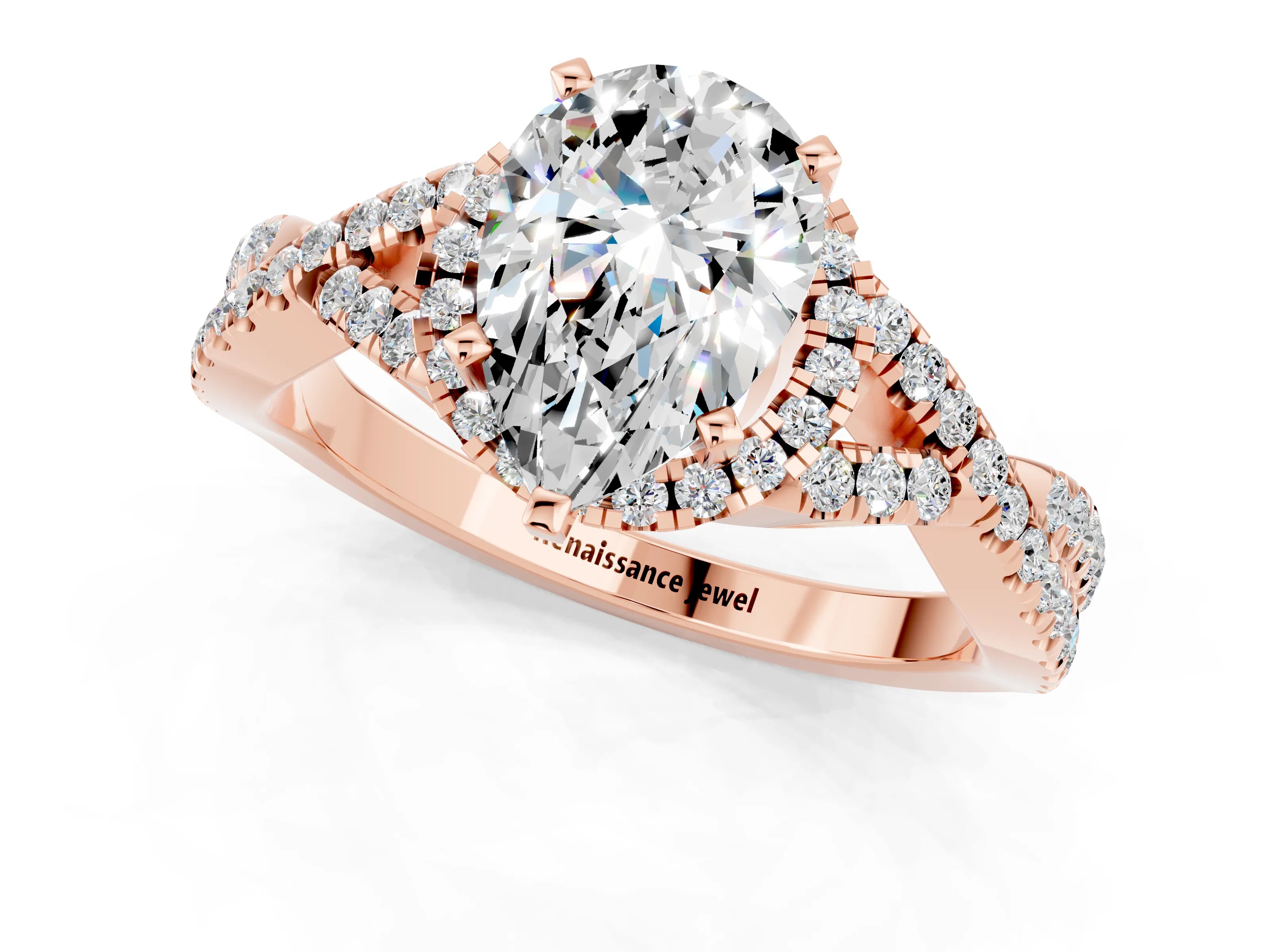 Rose gold Pear Cut Moissanite Halo Twist Band Solitaire Prong Setting Ring_1
