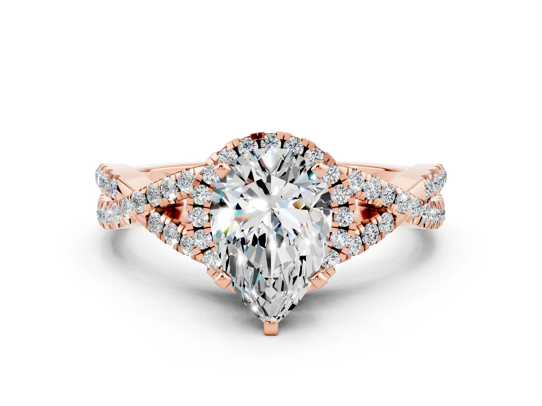 Rose gold Pear Cut Moissanite  Halo Twist Band Solitaire Prong Setting Ring_36