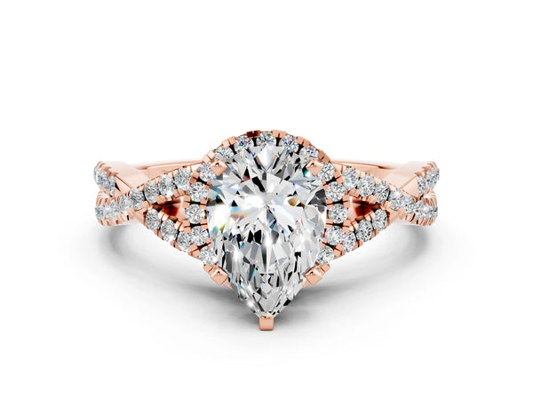 Rose gold Pear Cut Moissanite  Halo Twist Band Solitaire Prong Setting Ring