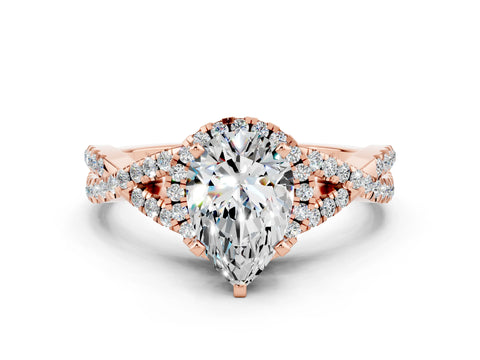 Rose gold Pear Cut Moissanite Halo Twist Band Solitaire Prong Setting Ring