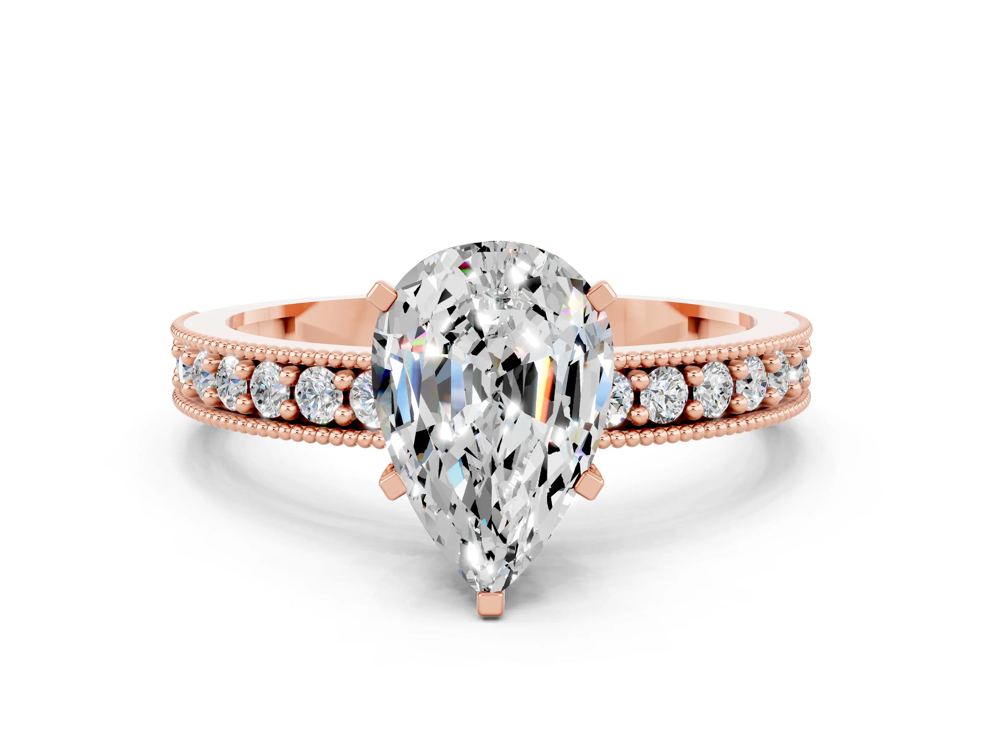 Rose gold Pear Cut Moissanite Milgrain Pavé Engagement Ring with Four-Prong Setting