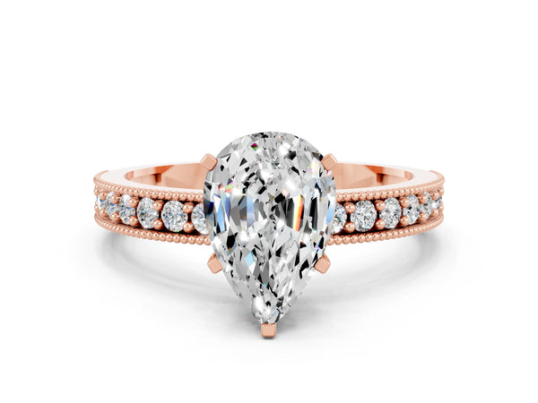 Rose gold Pear Cut Moissanite Milgrain Pavé Engagement Ring with Four-Prong Setting