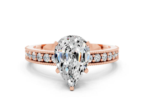 Rose gold Pear Cut Moissanite Milgrain Pavé Engagement Ring with Four-Prong Setting