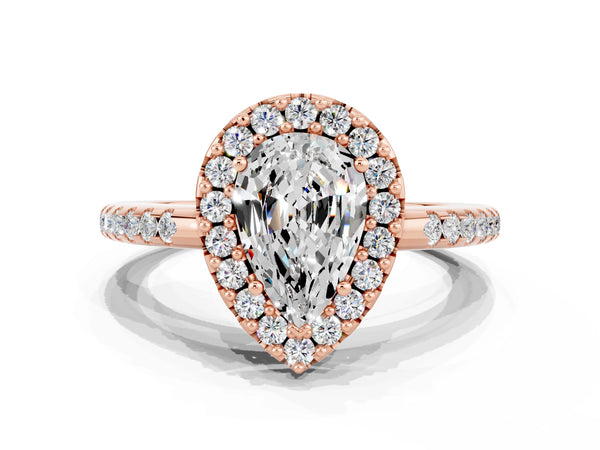Rose gold Pear Cut Moissanite Pavé Halo Ring with Four-Prong Setting