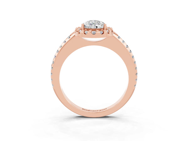 Rose gold Pear Cut Moissanite Pavé Halo Ring with Four-Prong Setting