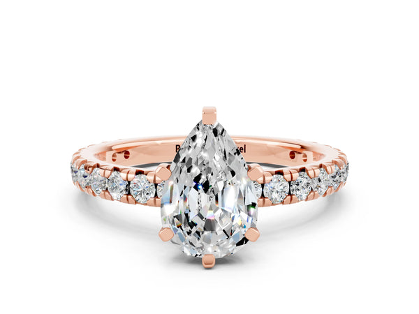 Rose gold Pear Cut Moissanite Pavé Solitaire Ring with Round Band and Prong Setting