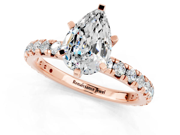 Rose gold Pear Cut Moissanite Pavé Solitaire Ring with Round Band and Prong Setting