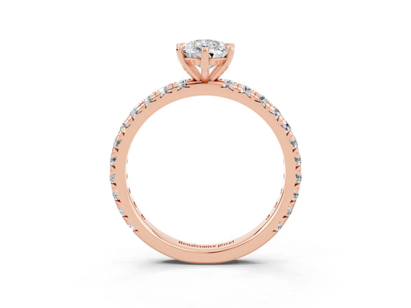 Rose gold Pear Cut Moissanite Pavé Solitaire Ring with Round Band and Prong Setting