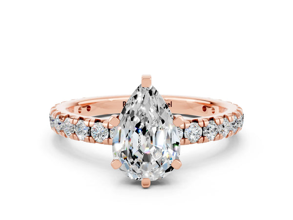 Rose gold Pear Cut Moissanite Pavé Solitaire Ring with Round Band and Prong Setting