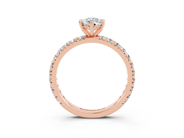 Rose gold Pear Cut Moissanite Pavé Solitaire Ring with Round Band and Prong Setting