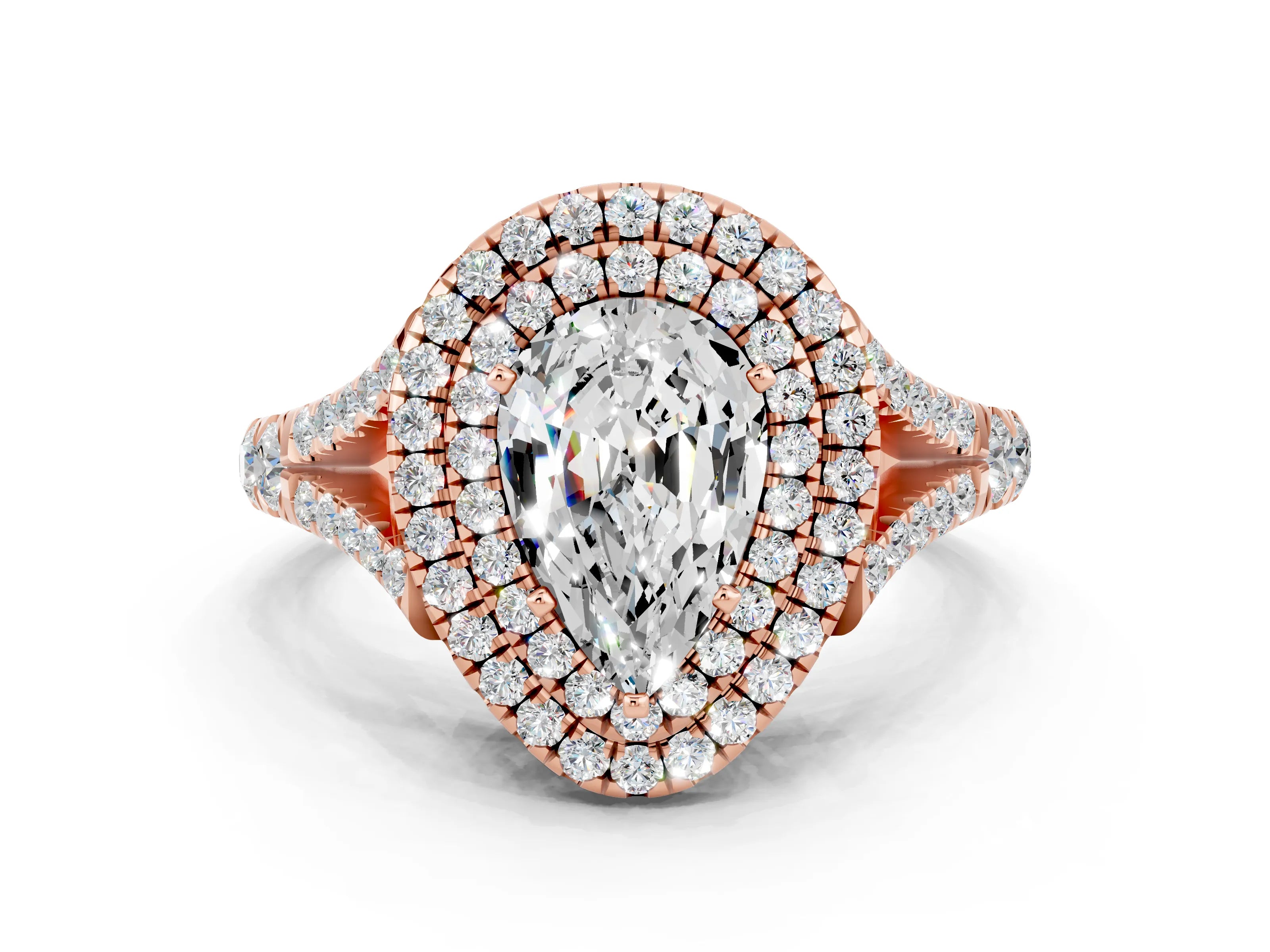 Rose gold Pear Cut Moissanite Pavé Split Shank Double Halo Engagement Ring