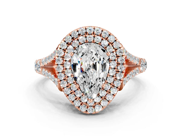 Rose gold Pear Cut Moissanite Pavé Split Shank Double Halo Engagement Ring