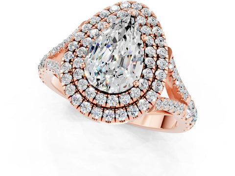 Rose gold Pear Cut Moissanite Pavé Split Shank Double Halo Engagement Ring_1