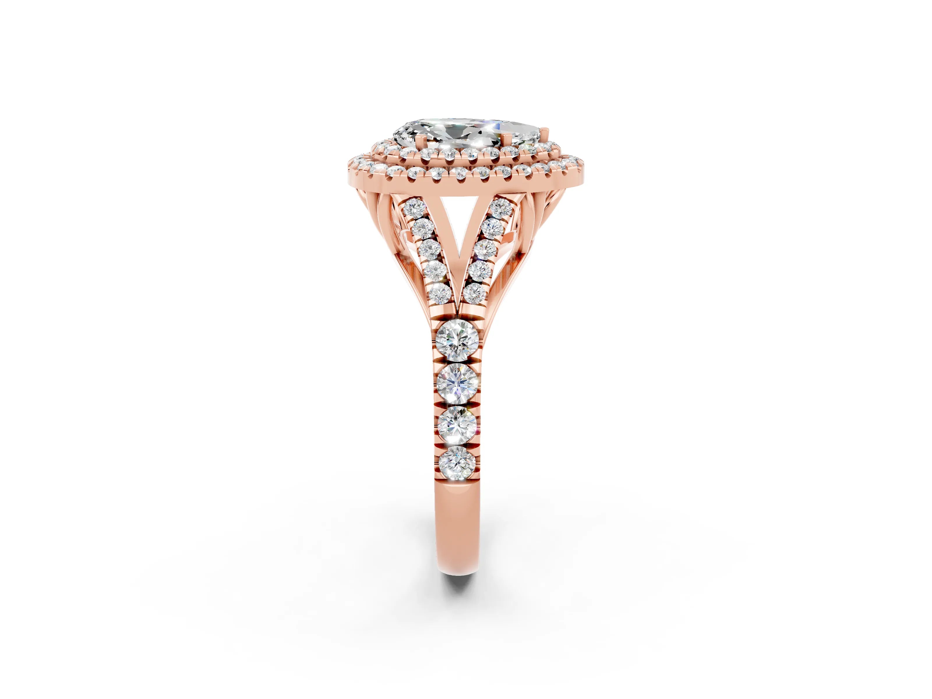 Rose gold Pear Cut Moissanite Pavé Split Shank Double Halo Engagement Ring_2