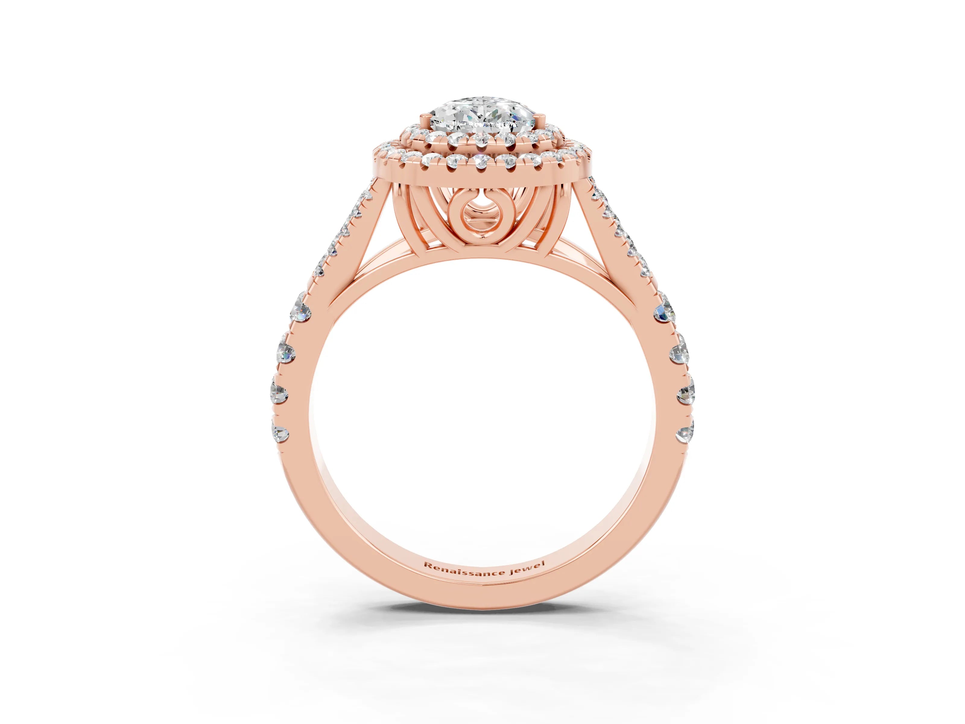 Rose gold Pear Cut Moissanite Pavé Split Shank Double Halo Engagement Ring_3