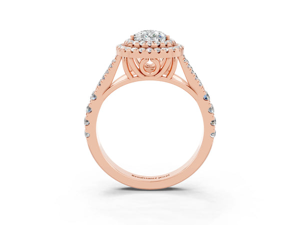 Rose gold Pear Cut Moissanite Pavé Split Shank Double Halo Engagement Ring