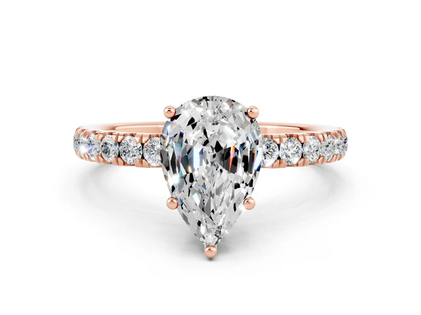 Rose gold Pear Cut Moissanite Pave Band Solitaire Ring with Round  and Prong Setting