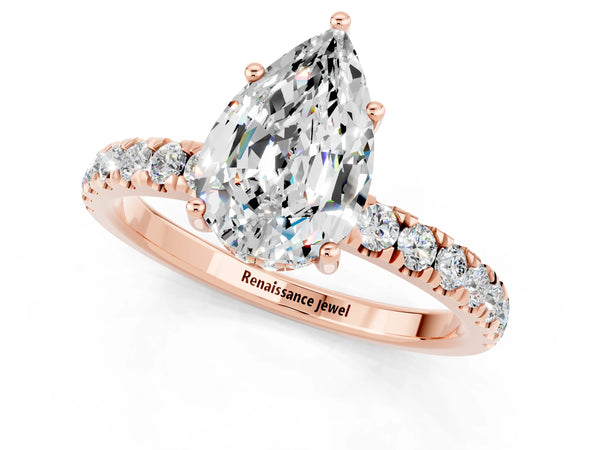 Rose gold Pear Cut Moissanite Pave Band Solitaire Ring with Round  and Prong Setting