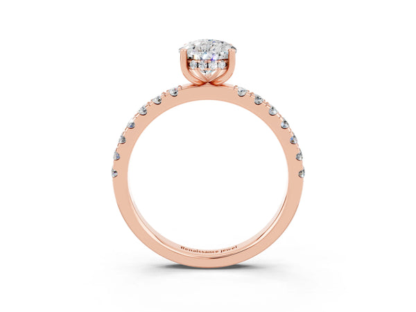 Rose gold Pear Cut Moissanite Pave Band Solitaire Ring with Round  and Prong Setting