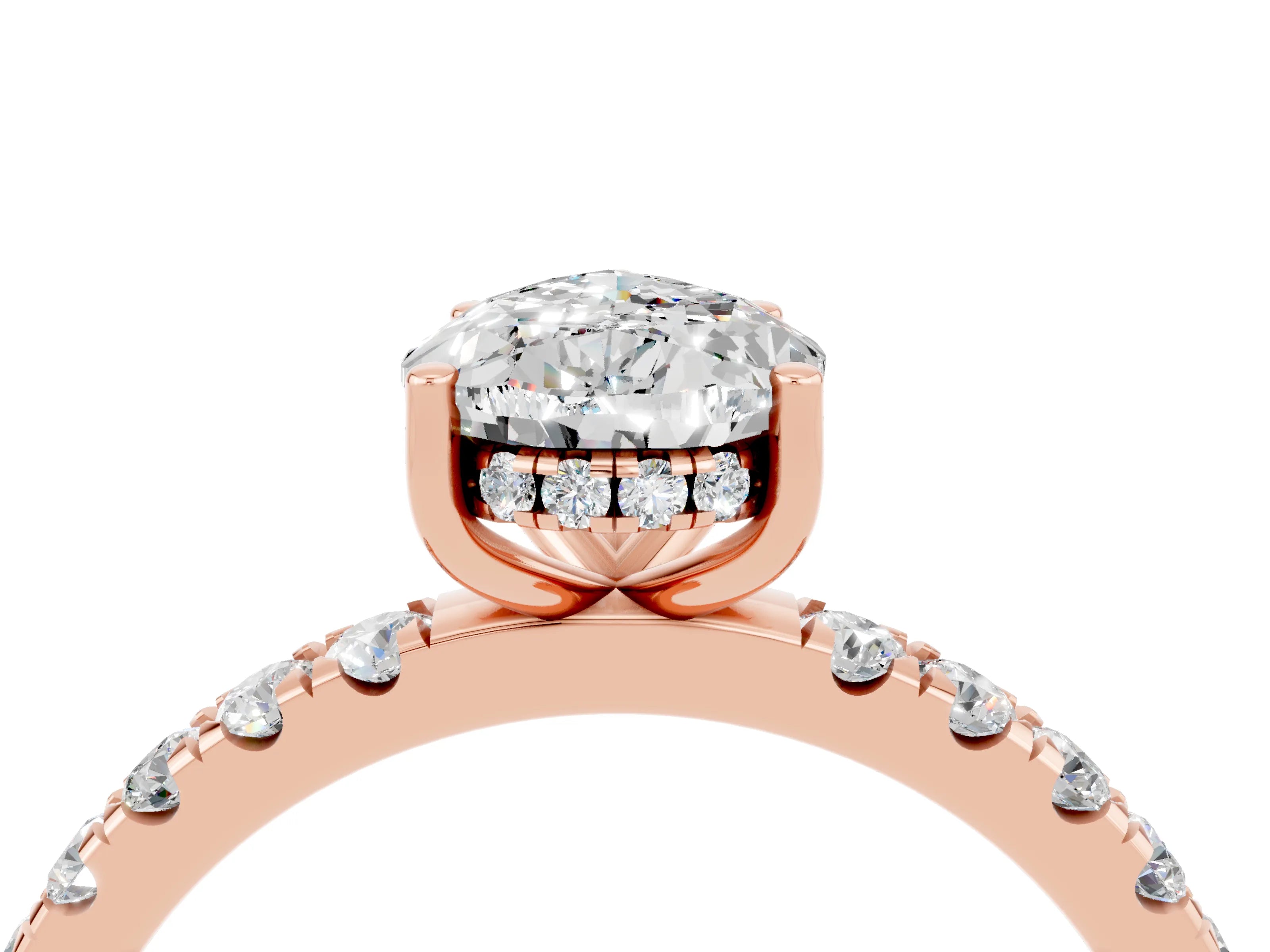 Rose gold Pear Cut Moissanite Pave Band Solitaire Ring with Four-Prong Setting_28