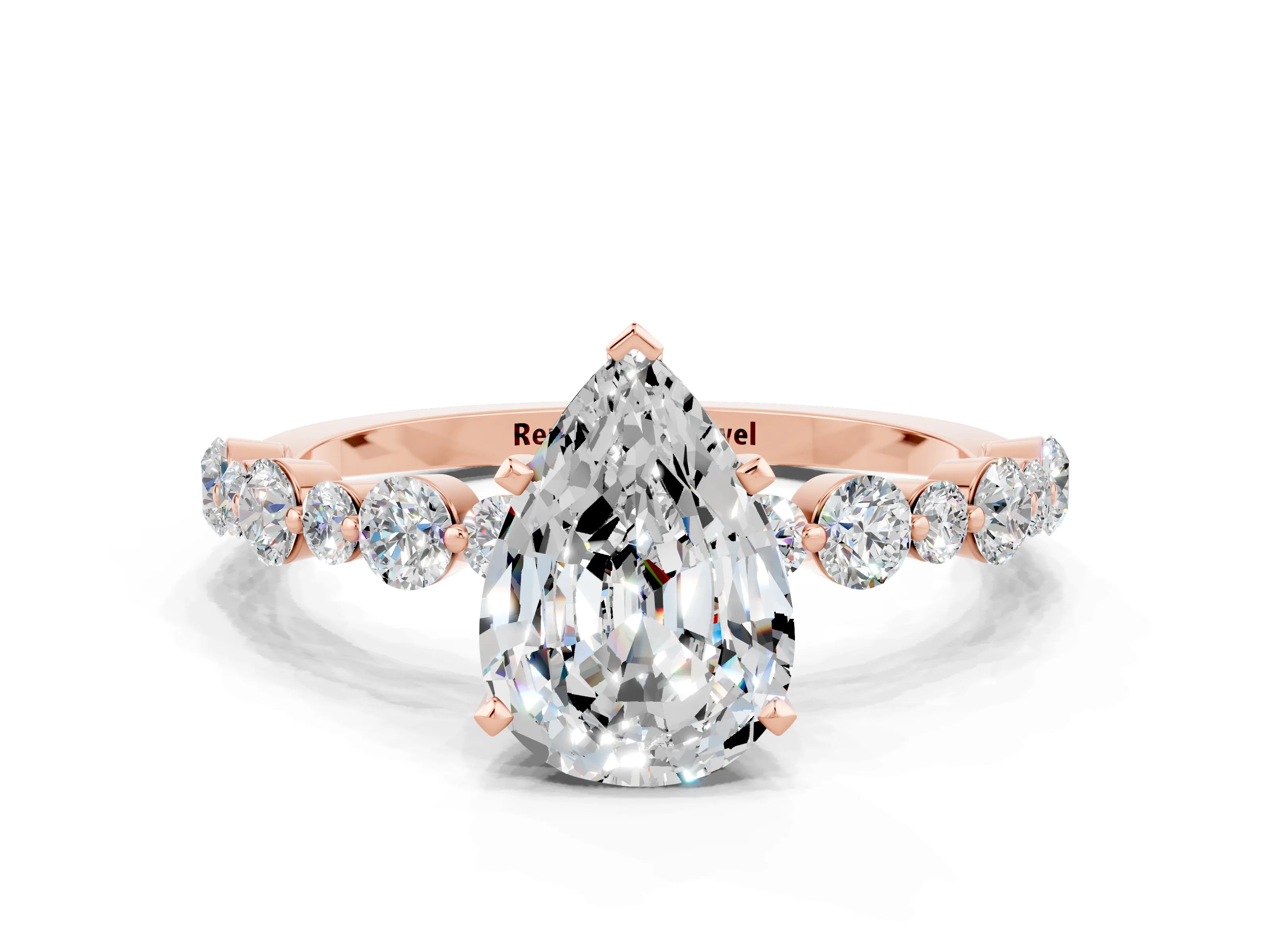 Rose gold Pear Cut Moissanite Prong Set Engagement Ring with Pavé Band