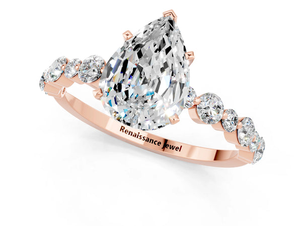 Rose gold Pear Cut Moissanite Prong Set Engagement Ring with Pavé Band