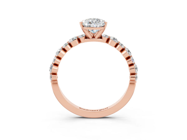 Rose gold Pear Cut Moissanite Prong Set Engagement Ring with Pavé Band
