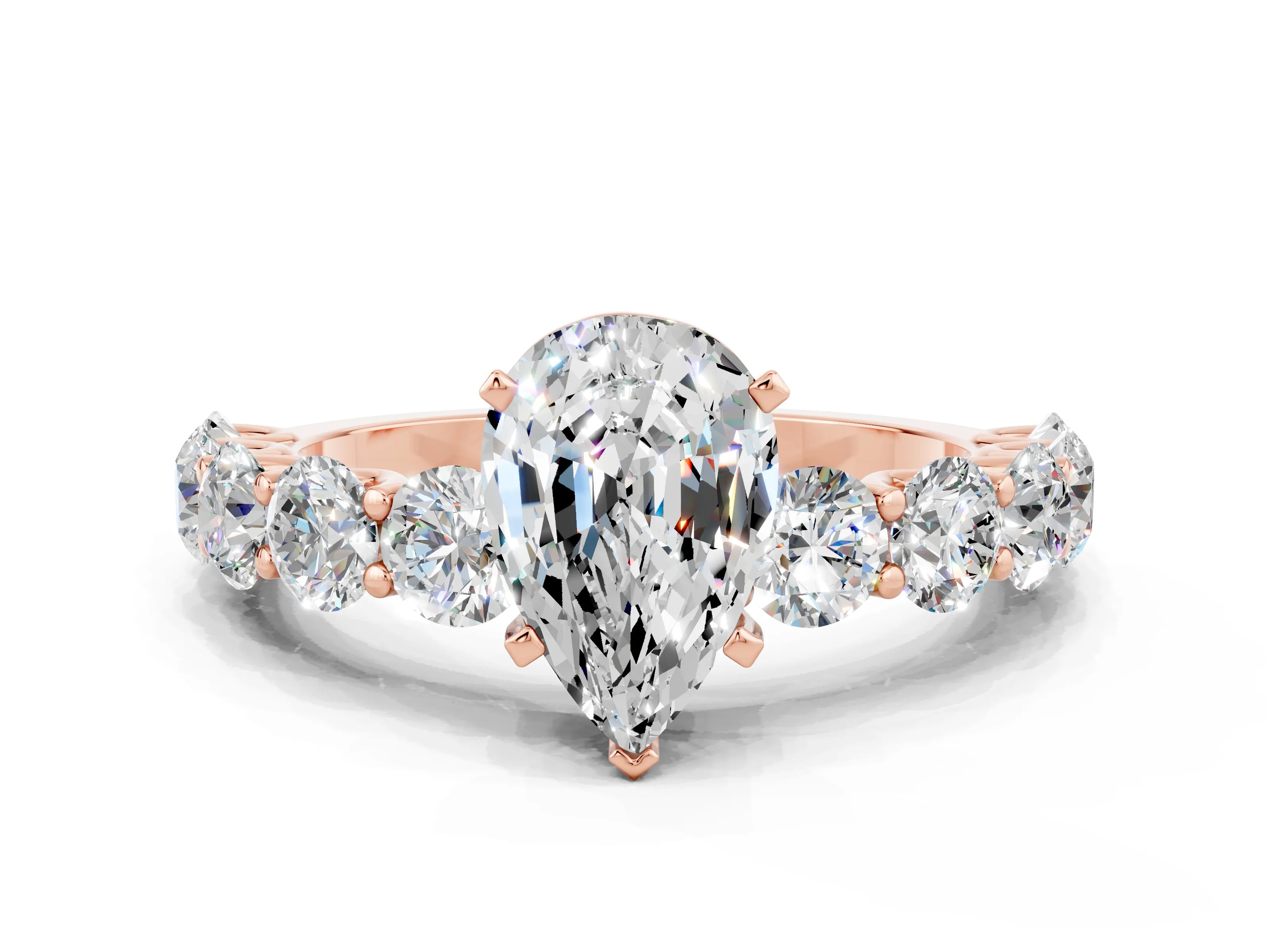 Rose gold Pear Cut Moissanite Prong Setting with Side Stones on a Pave Band