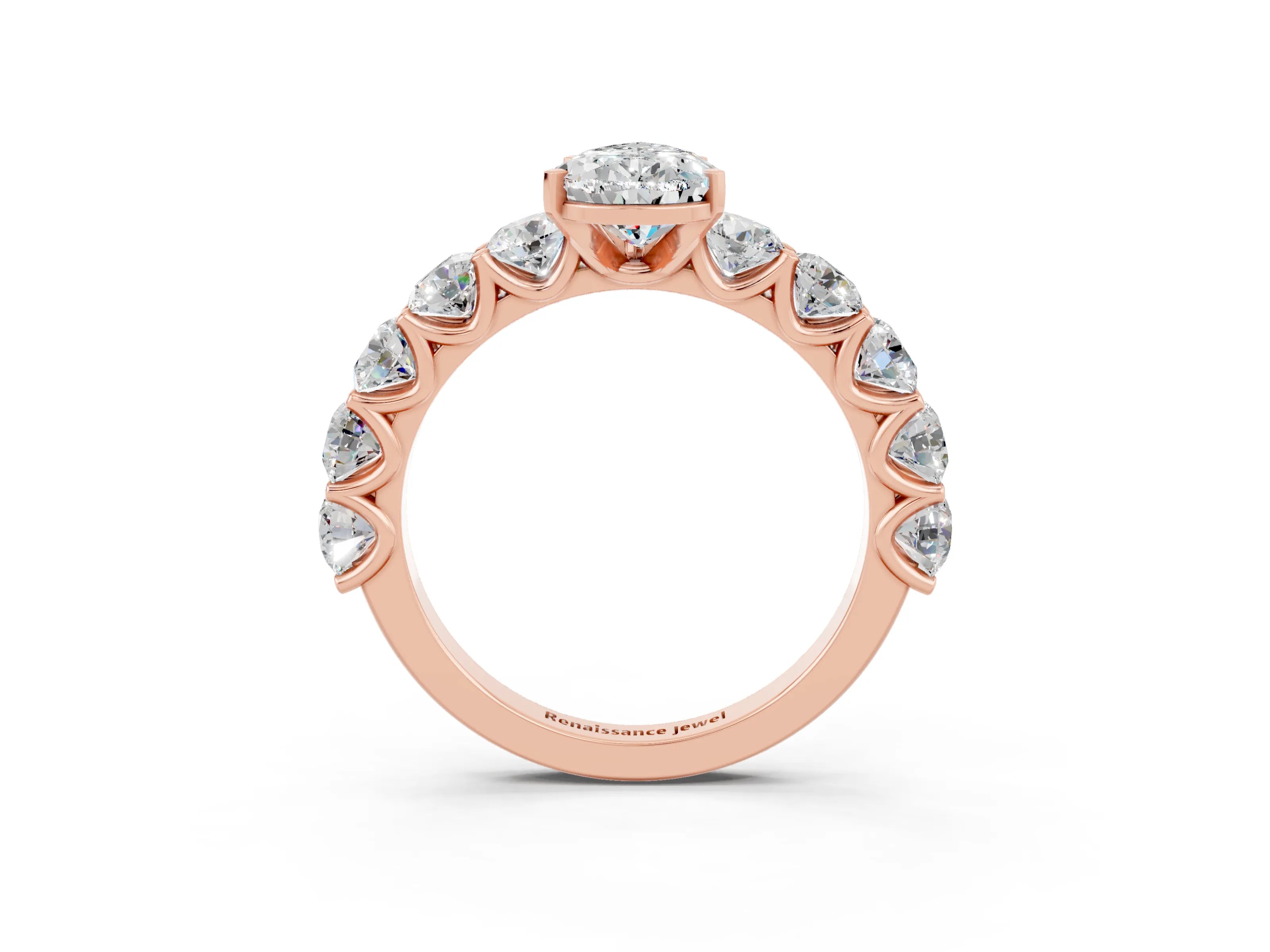 Rose gold Pear Cut Moissanite Prong Setting with Side Stones on a Pave Band_3