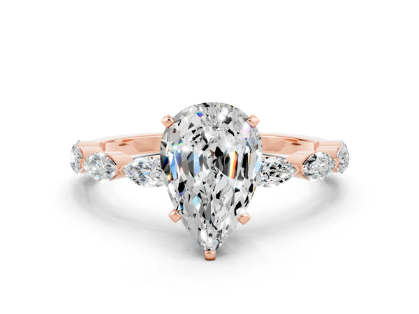 Rose gold Pear Cut Moissanite Ring with Marquise Side Stones and Prong Setting