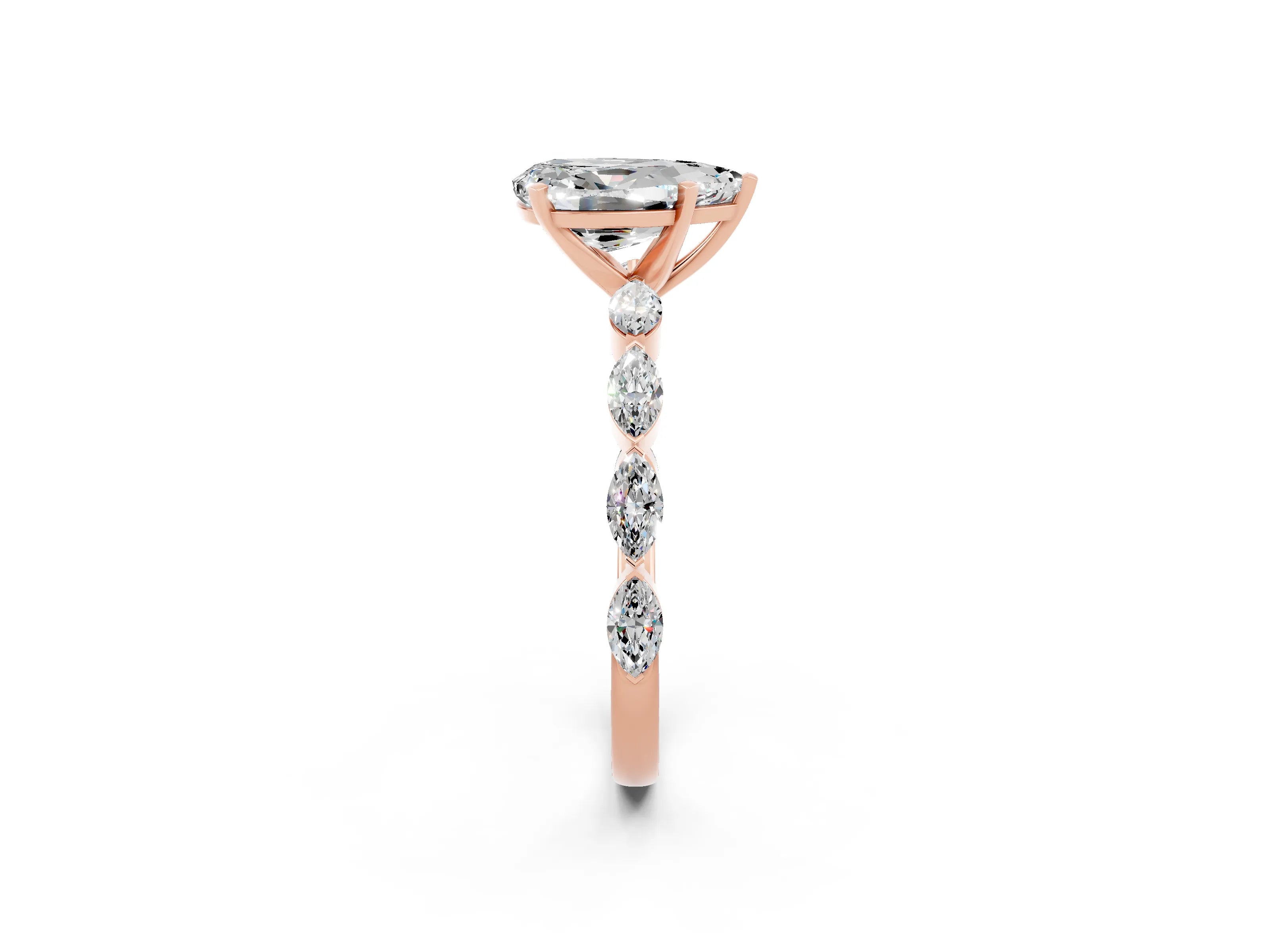 Rose gold Pear Cut Moissanite Ring with Marquise Side Stones and Prong Setting_2