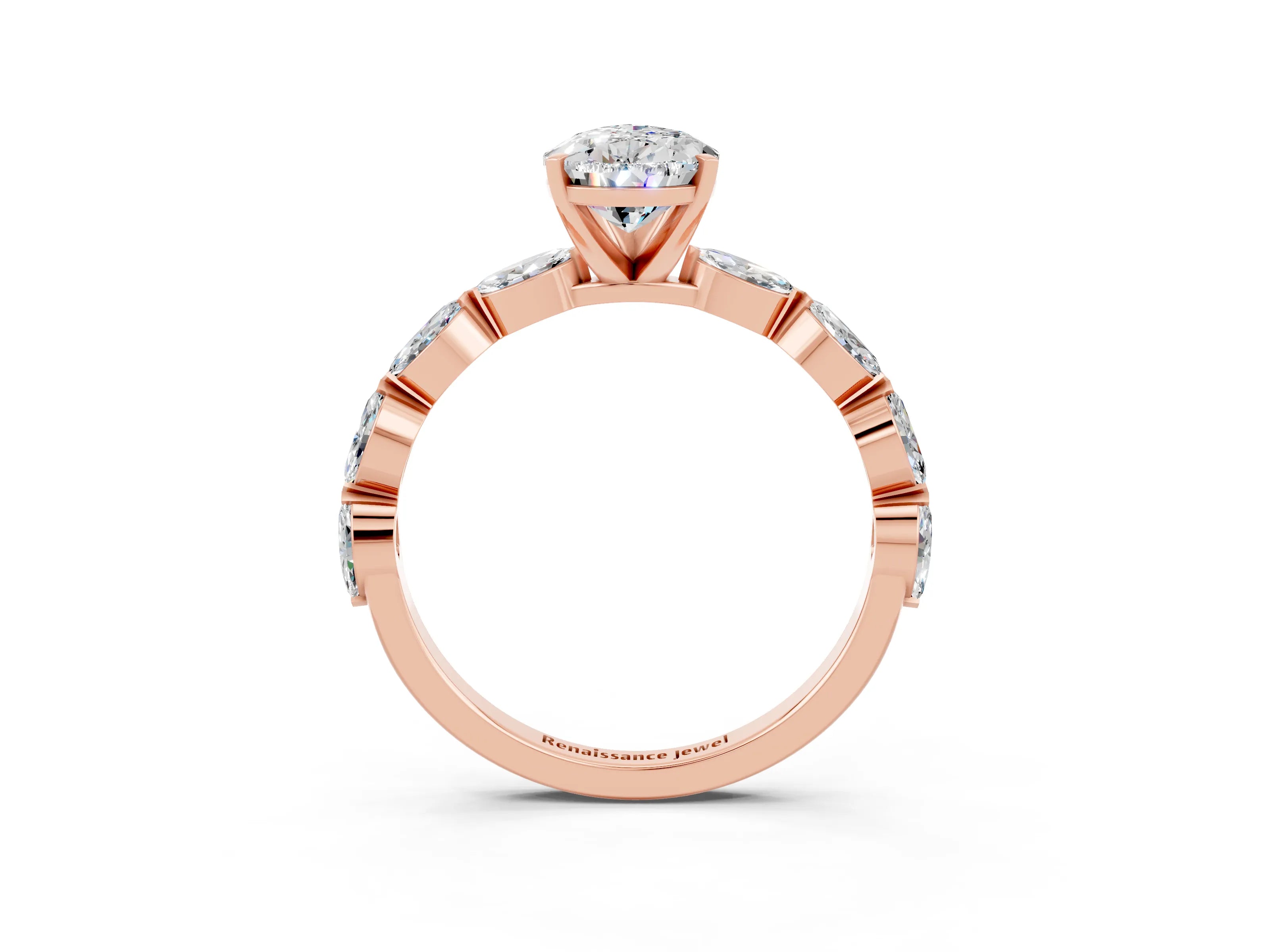 Rose gold Pear Cut Moissanite Ring with Marquise Side Stones and Prong Setting_3
