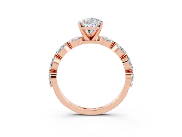 Rose gold Pear Cut Moissanite Ring with Marquise Side Stones and Prong Setting