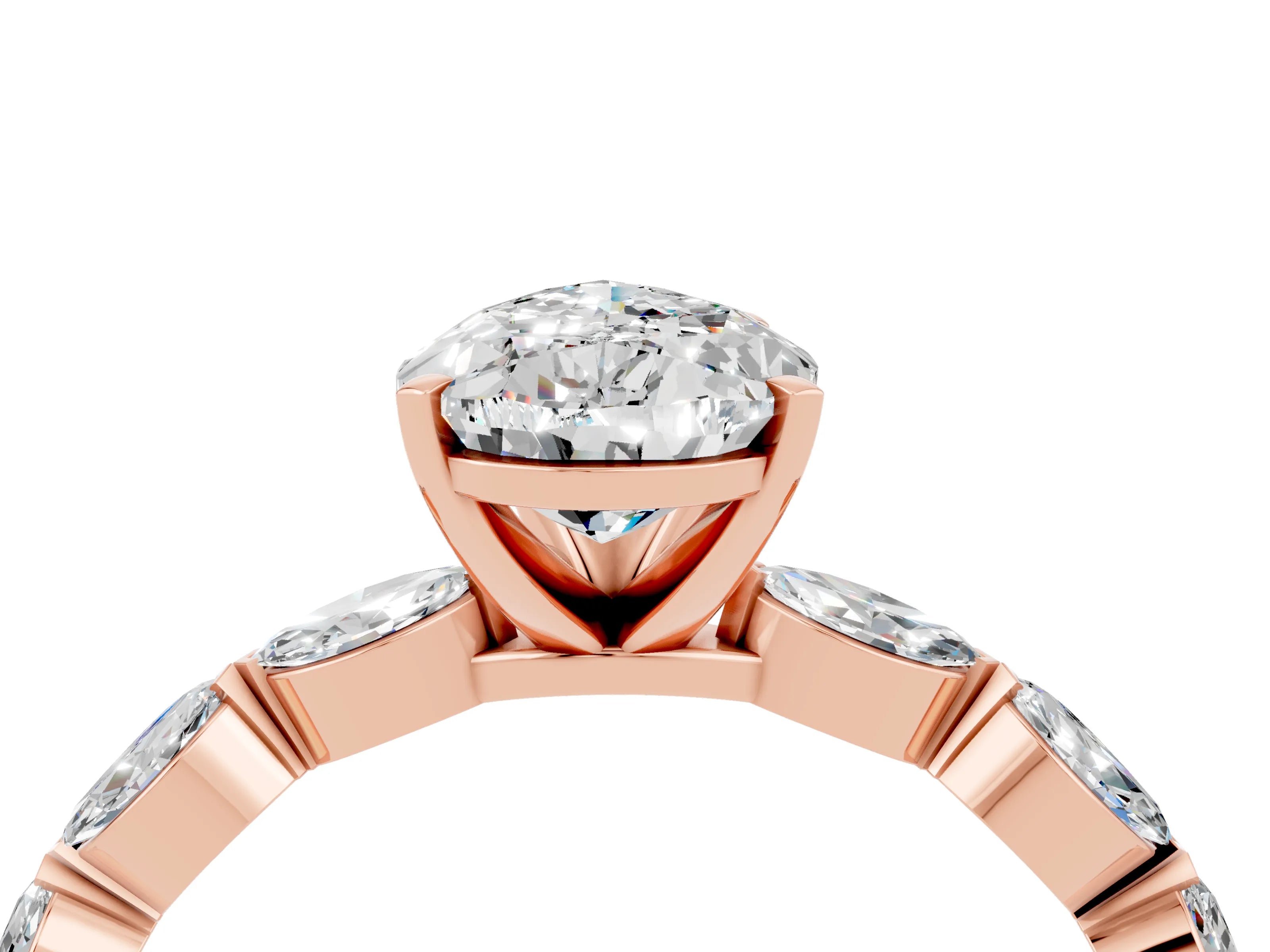 Rose gold Pear Cut Moissanite Ring with Marquise Side Stones and Prong Setting_4