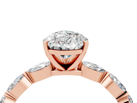 Rose gold Pear Cut Moissanite Ring with Marquise Side Stones and Prong Setting_4