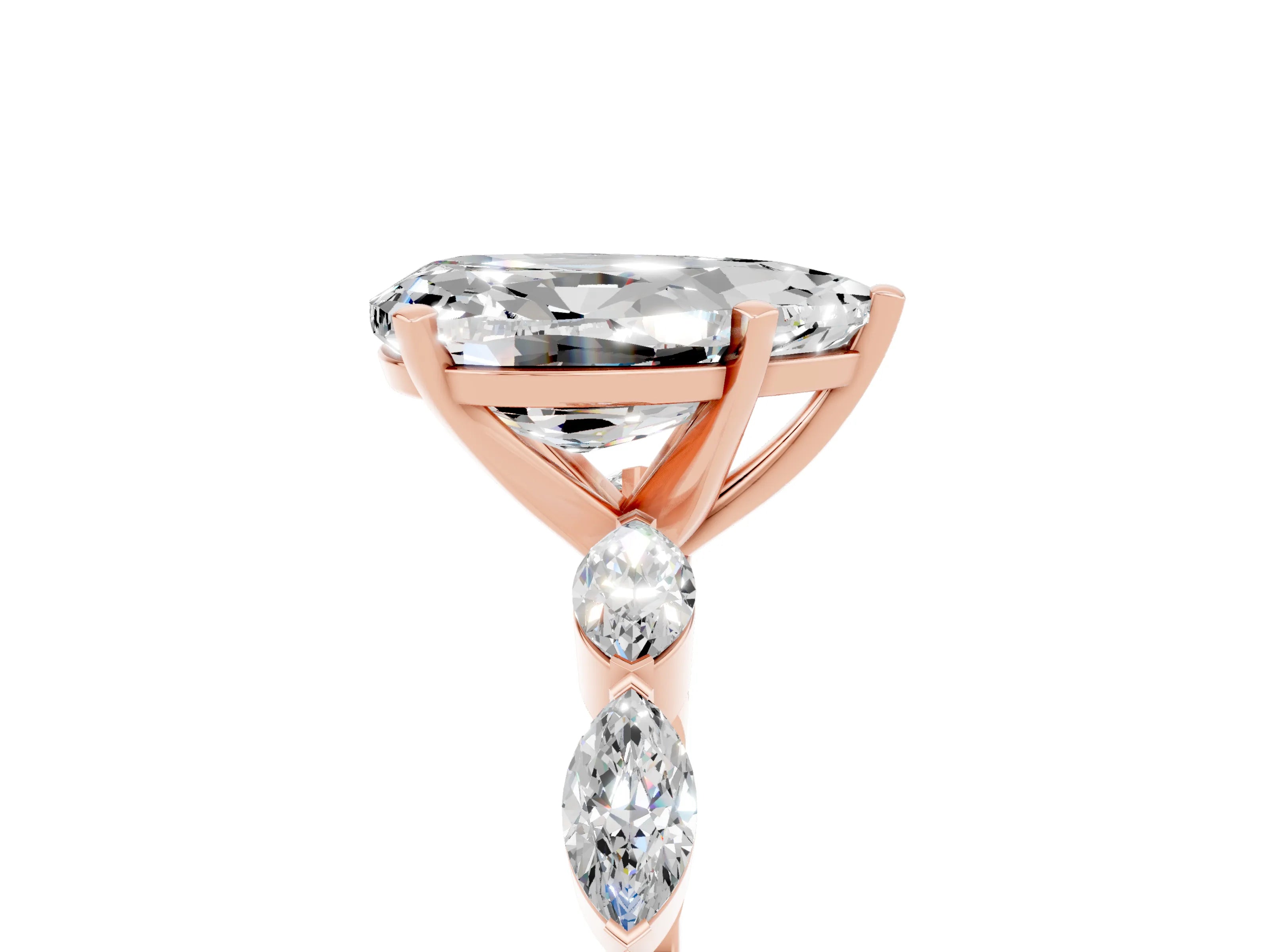 Rose gold Pear Cut Moissanite Ring with Marquise Side Stones and Prong Setting_5