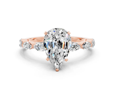 Rose gold Pear Cut Moissanite Ring with Marquise Side Stones and Prong Setting