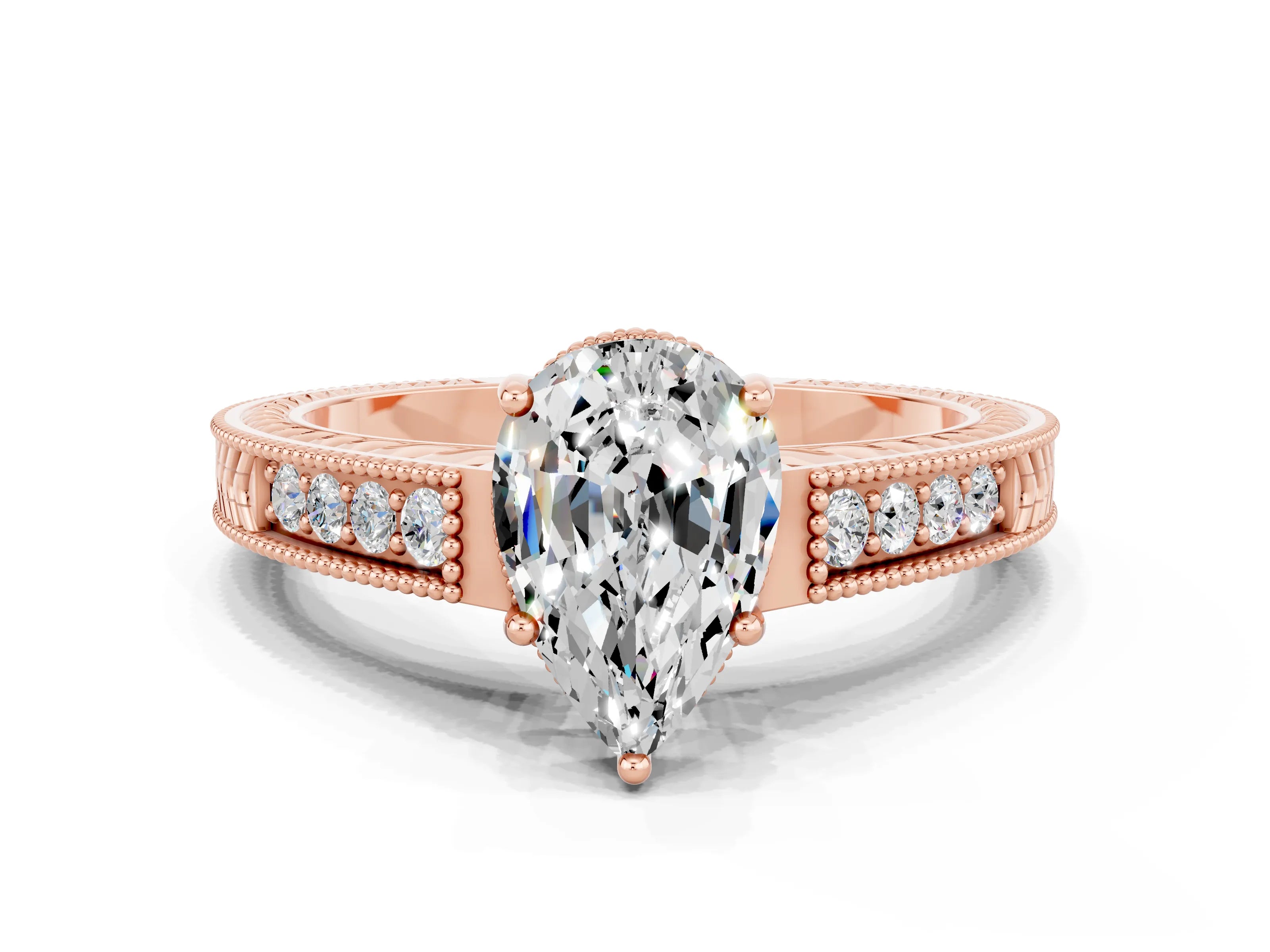 Rose gold Pear Cut Moissanite Ring with Milgrain Pavé Band and Four-Prong Setting_12
